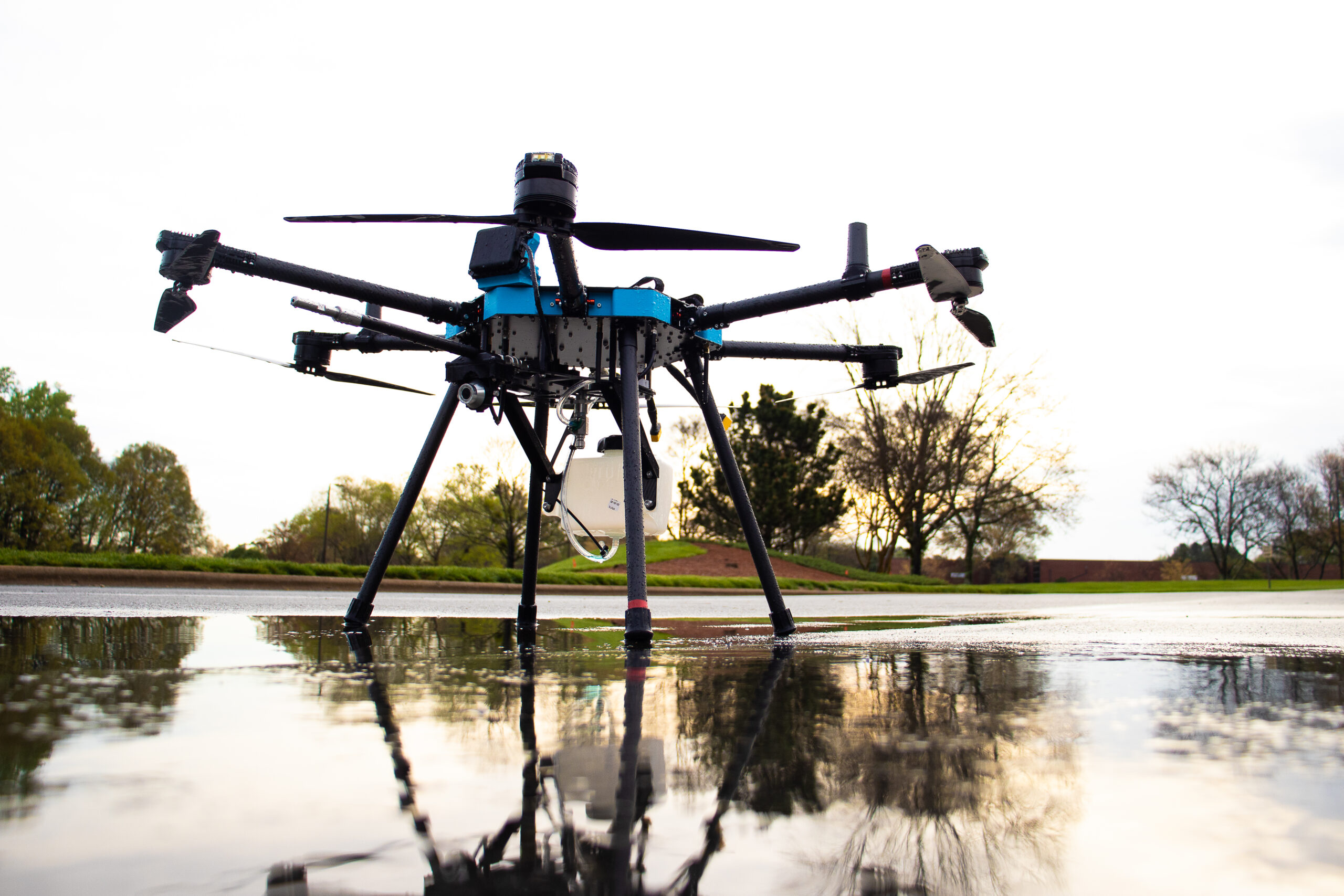 Agriculture drone fly to sprayed fertilizer on the sweet corn fields